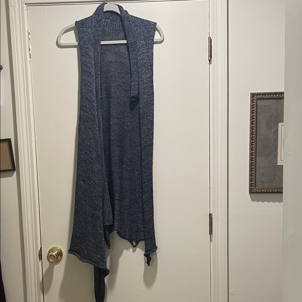 Skif Skifo Metallic Threaded Navy Open Front Lagenlook Asymmetrical Cardigan